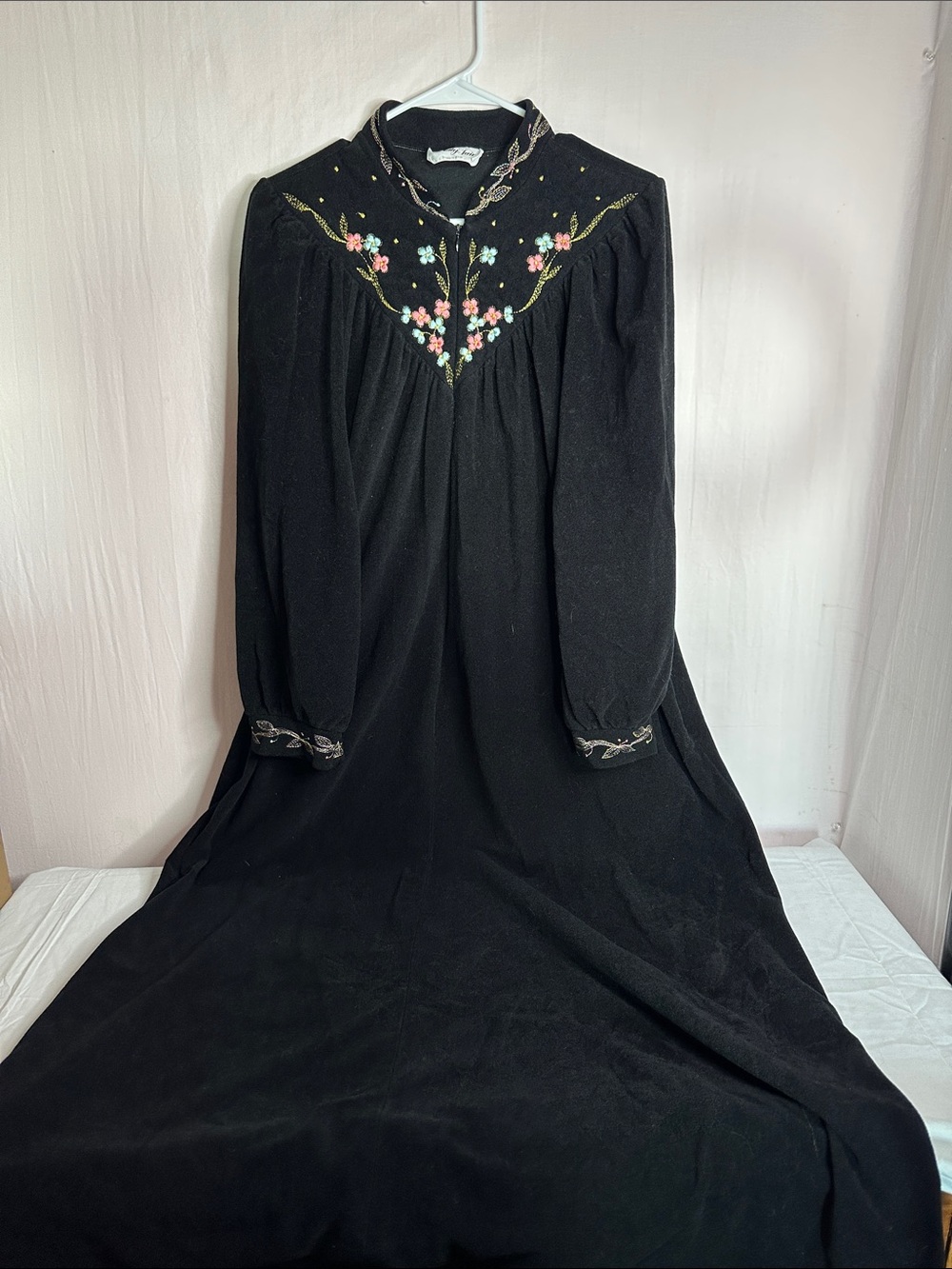 Vintage Vanity Fair Black Long Sleeve Nightgown with Floral Embroidered Yoke